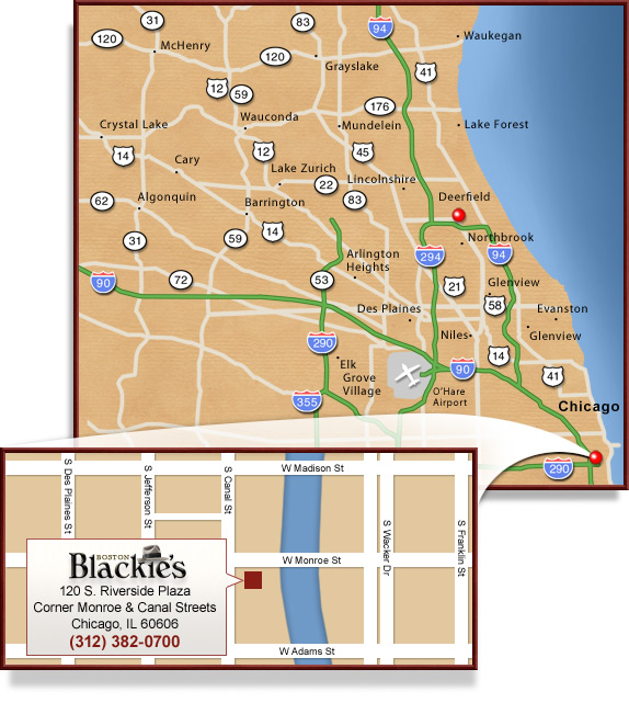 Map to Boston Blackie's Restaurant in Chicago, corner of Monroe and Canal Streets
